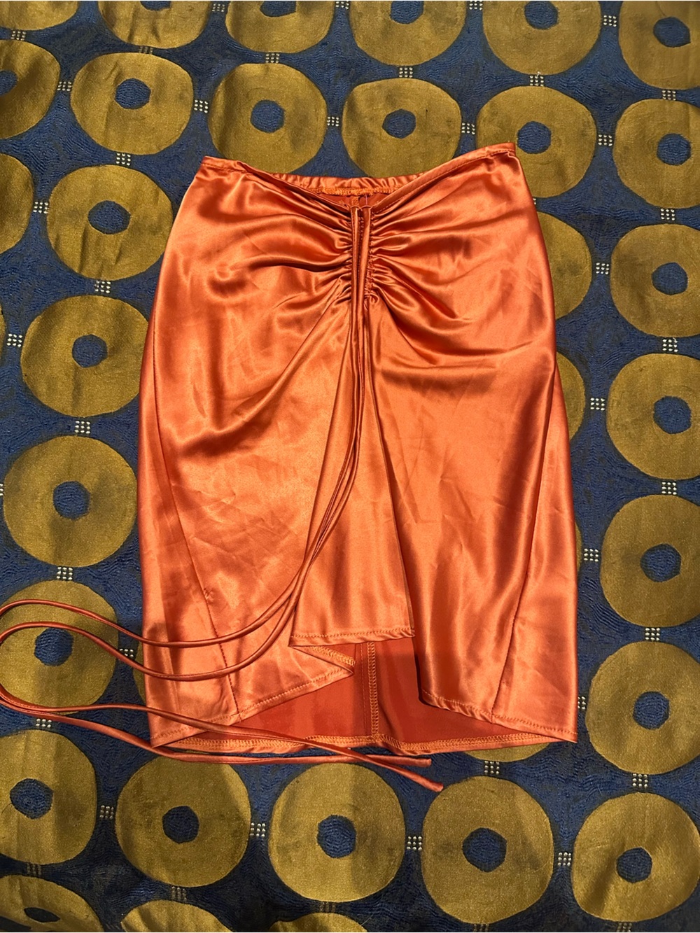 sundays Satin Rust Orange Ruched Mini Skirt